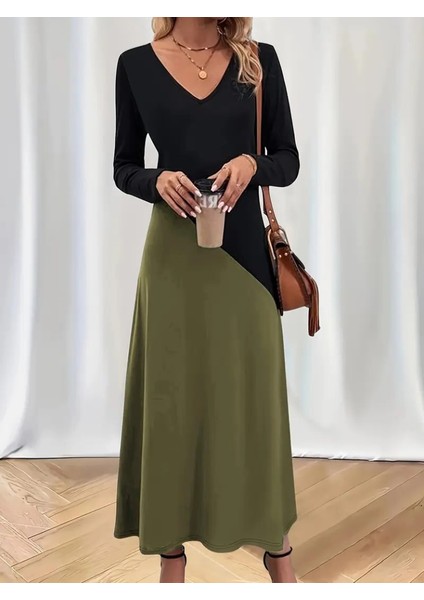 Kadın Uzun Kollu V Yakalı Blok Desenli Viskon Elbise modelleri