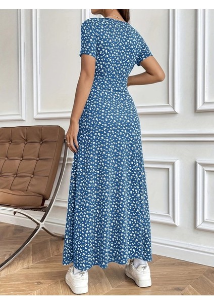 Kadın Kısa Kollu Kruvaze Yakalı Çiçek Desenli Süprem Elbise modelleri