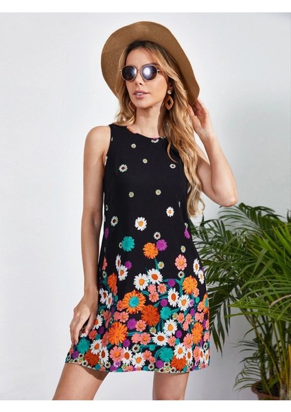 Kadın Sıfır Kollu Bisiklet Yaka Çiçek Desenli Süprem Mini Elbise fırsatları