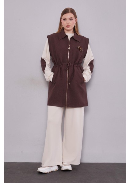 Kahve Kendinden Desenli Yelekli Üçlü Takım