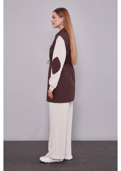 Kahve Kendinden Desenli Yelekli Üçlü Takım modelleri