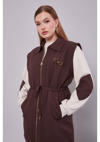 Kahve Kendinden Desenli Yelekli Üçlü Takım fırsatları