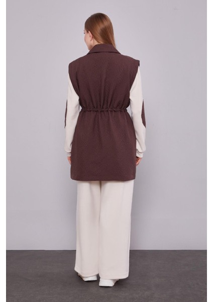 Kahve Kendinden Desenli Yelekli Üçlü Takım