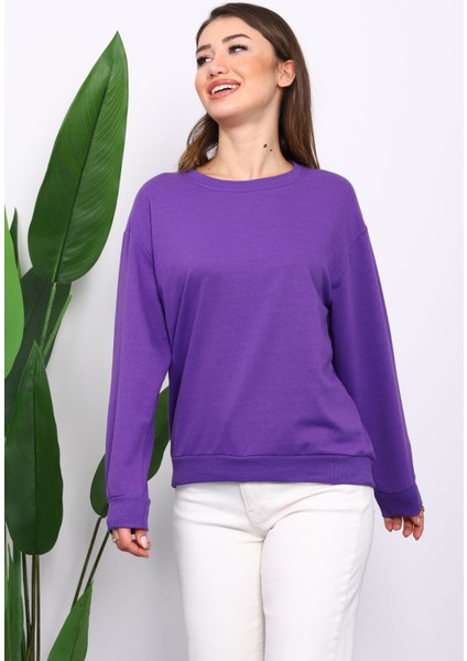 Mor Bisiklet Yaka İki İplik Sweatshirt
