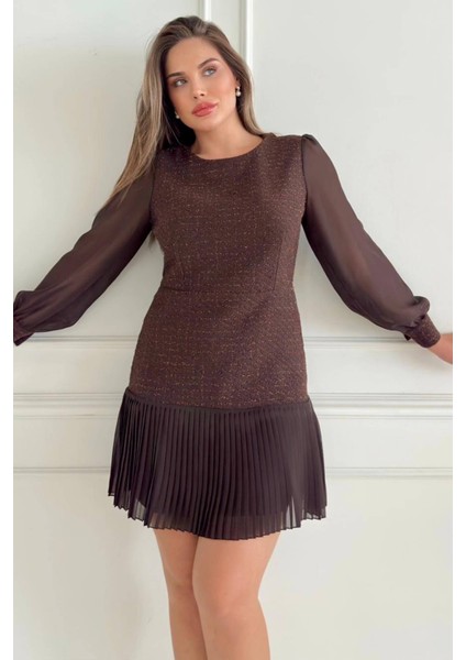 Etek Ucu Piliseli Şanel Kumaş Uzun Kollu Midi Boy Modern Tasarım Kadın Elbise 021 fiyatları