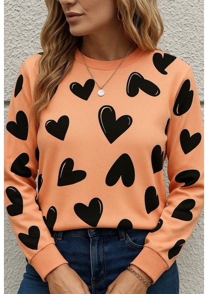Kadın Uzun Kollu Bisiklet Yaka Kalp Desenli Iki Iplik Bluz fiyatları