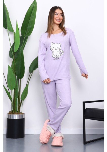 Lila Kışlık Pamuklu İnterlok Pijama Takımı