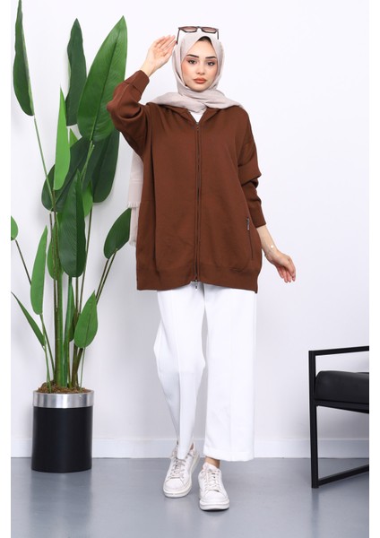 Kahverengi Çift Cepli Fermuarlı Triko Hırka fiyatları