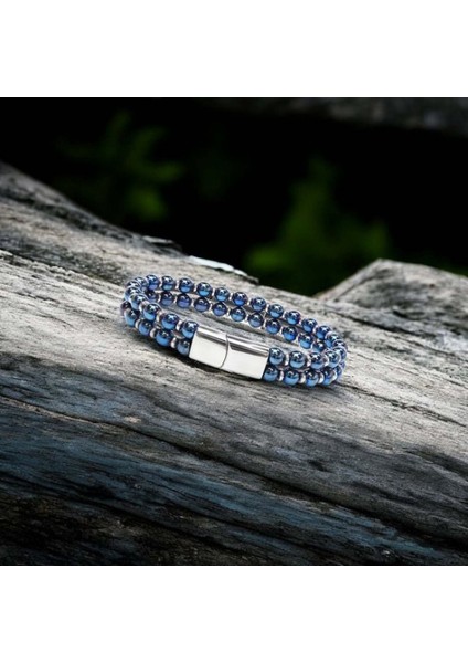 Çift Mavi ve Gümüş Renk Hematit Çelik Bileklik 9592B20D6 modelleri