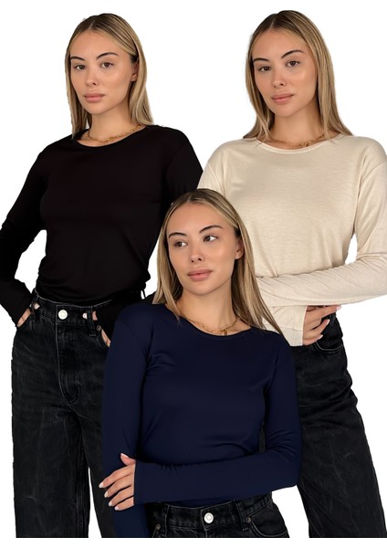 Kadın Uzun Kollu Bisiklet Yaka Penye Body 3'lü Set