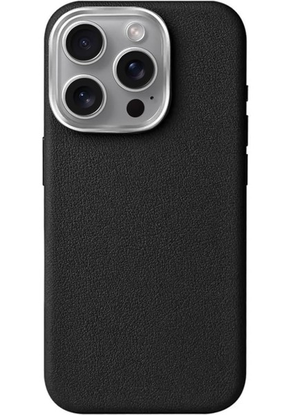 iPhone 16 Pro Için Magsafe ile Uyumlu Çizilmeyen ve Parmak Izi Tutmayan Deri Görünümlü Metal Tuşlu ve Metal Lens Çerçeveli Hybrid Silikon Kılıf (Siyah, 16 Pro)