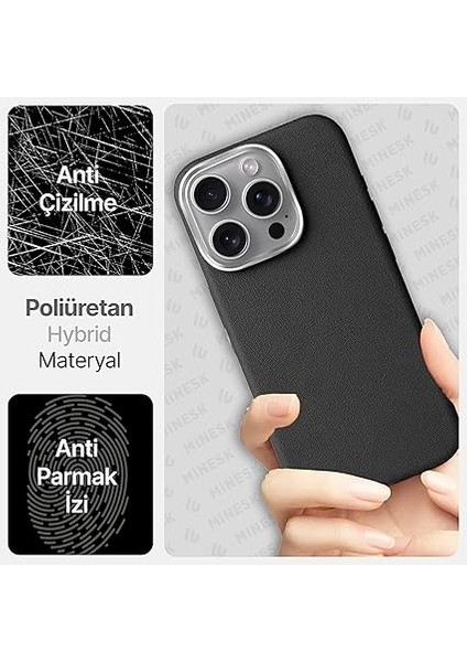 iPhone 16 Pro Için Magsafe ile Uyumlu Çizilmeyen ve Parmak Izi Tutmayan Deri Görünümlü Metal Tuşlu ve Metal Lens Çerçeveli Hybrid Silikon Kılıf (Siyah, 16 Pro) fırsatları
