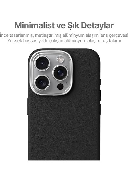 iPhone 16 Pro Için Magsafe ile Uyumlu Çizilmeyen ve Parmak Izi Tutmayan Deri Görünümlü Metal Tuşlu ve Metal Lens Çerçeveli Hybrid Silikon Kılıf (Siyah, 16 Pro) indirimleri