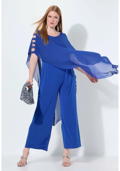 Kadın Büyük Beden Mavi, Tek Parça Jarse, Şifon Üst, Omuz Detaylı, Geniş Paça Abiye Tulum 65N39019