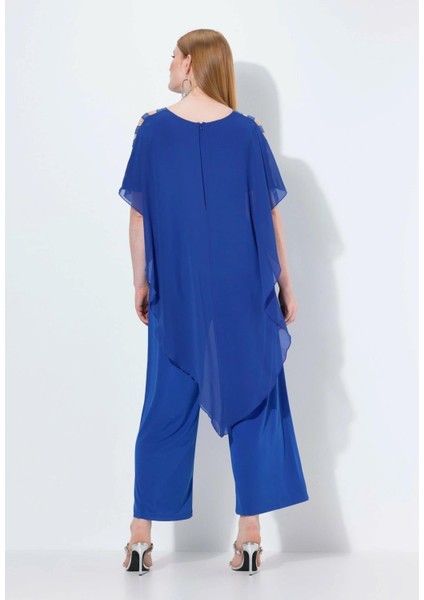 Kadın Büyük Beden Mavi, Tek Parça Jarse, Şifon Üst, Omuz Detaylı, Geniş Paça Abiye Tulum 65N39019 fiyatları