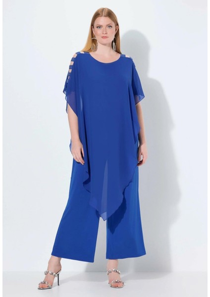 Kadın Büyük Beden Mavi, Tek Parça Jarse, Şifon Üst, Omuz Detaylı, Geniş Paça Abiye Tulum 65N39019