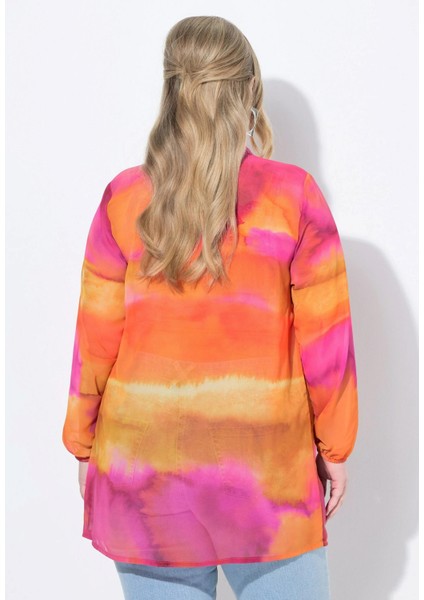 Kadın Büyük Beden Renkli, Kol Ağzı Lastikli, A Kesim, Batik Desenli Şifon Gömlek 65N39101 fiyatları