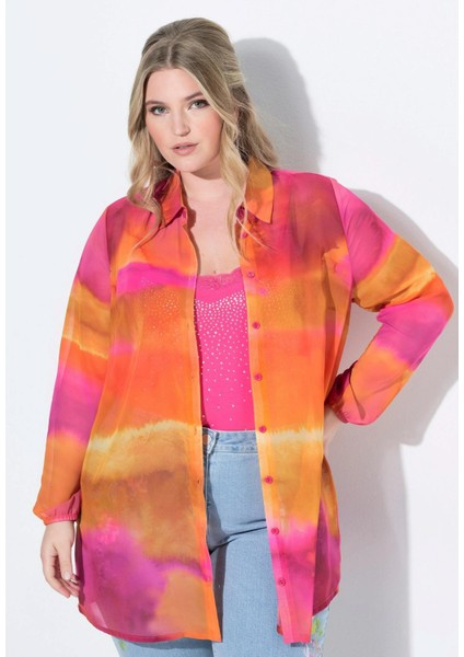 Kadın Büyük Beden Renkli, Kol Ağzı Lastikli, A Kesim, Batik Desenli Şifon Gömlek 65N39101 indirimleri