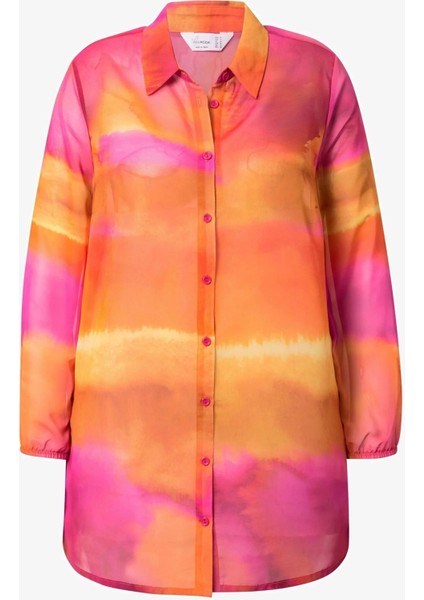 Kadın Büyük Beden Renkli, Kol Ağzı Lastikli, A Kesim, Batik Desenli Şifon Gömlek 65N39101