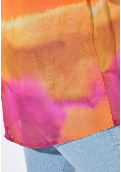 Kadın Büyük Beden Renkli, Kol Ağzı Lastikli, A Kesim, Batik Desenli Şifon Gömlek 65N39101