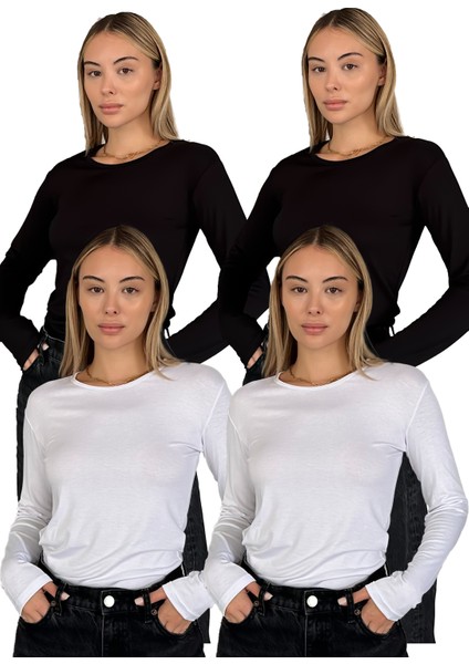 Kadın Uzun Kollu Bisiklet Yaka Penye Body 4'lü Set - Siyah Bej Beyaz Lacivert