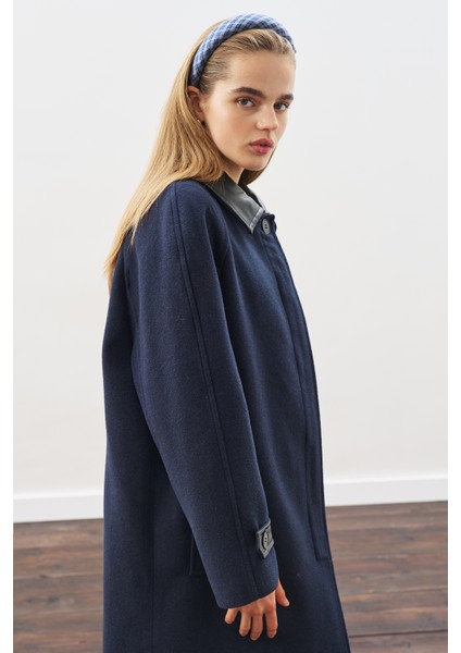 Deri Detaylı Kaşe Kaban Lacivert indirimleri