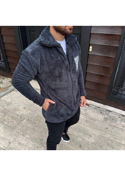 Erkek Polar Fermuarlı Sweatshirt - Kapüşonsuz, Cepli, Yumuşak Dokulu, Oversize Rahat Kalıp, Kışlık Sıcak Tutan Fermuarlı Üst - Füme modelleri