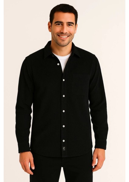 Erkek Fitilli Kadife Cepli Gömlek Oversize Rahat Kalıp - Siyah fiyatları