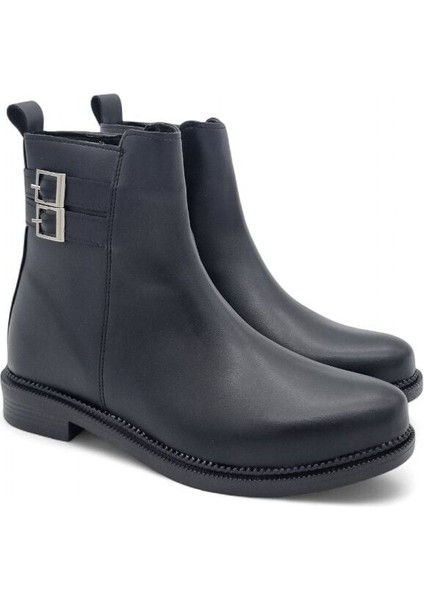 Kadın Alçak Taban Fermuarlı Çift Toka Detaylı Siyah Bot 39 - Siyah