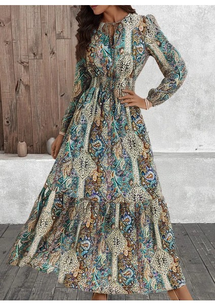 Kadın Uzun Kollu Uakadabağcıklı Beli Lastikli Desenli Uzun Süprem Elbise