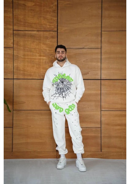 Erkek Kapüşonlu Eşofman Takım Örümcek Ağı ve Neon Yeşil Baskılı Kanguru Cepli Oversize Rahat Kalıp, Premium Üç Iplik Kumaş - Beyaz -Vlmr