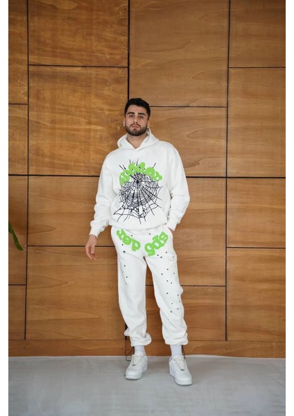 Erkek Kapüşonlu Eşofman Takım Örümcek Ağı ve Neon Yeşil Baskılı Kanguru Cepli Oversize Rahat Kalıp, Premium Üç Iplik Kumaş - Beyaz -Vlmr fırsatları