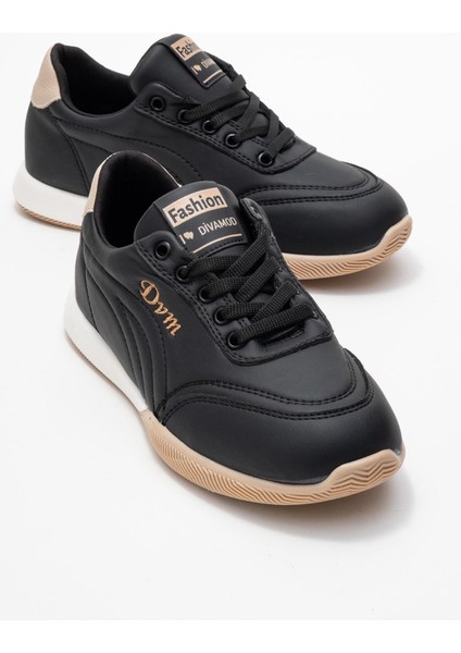 Virto Premium Siyah Bej Bağcıklı Kadın Spor Ayakkabı
