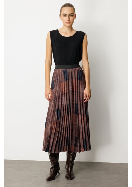 Kadın Desenli Piliseli Etek 2045 Kahverengi