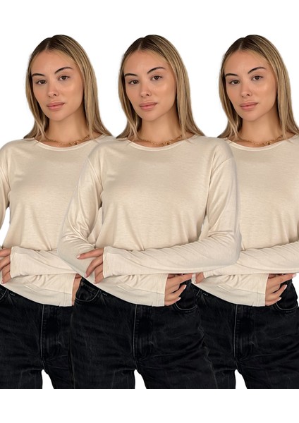 Kadın Uzun Kollu Bisiklet Yaka Penye Body 3'lü Set