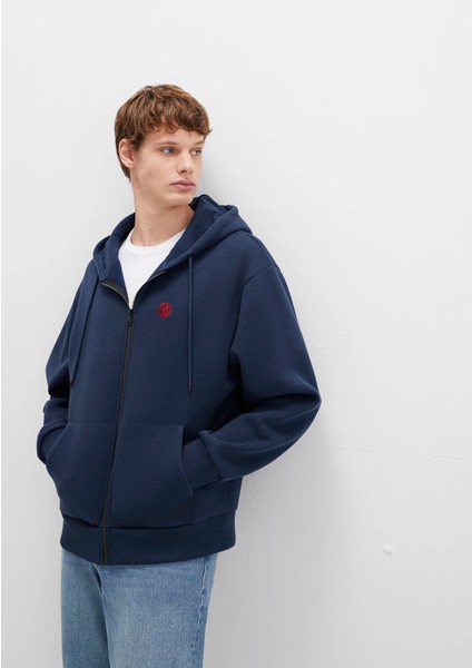 Erkek Logolu Kapüşonlu Fermuarlı Sweatshirt M066979 Lacivert