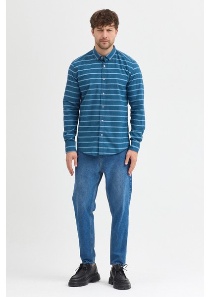 Kaşmir Karışımlı Dikey Çizgili Regular Fit Uzun Kollu Erkek Gömlek
