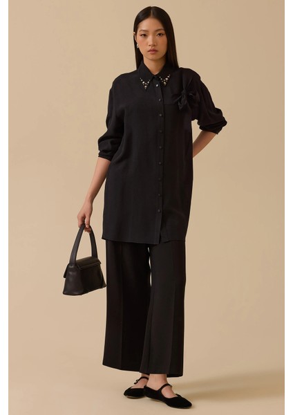 Kadın Bağlama Detaylı Taş Işlemeli Gömlek 1006 Siyah