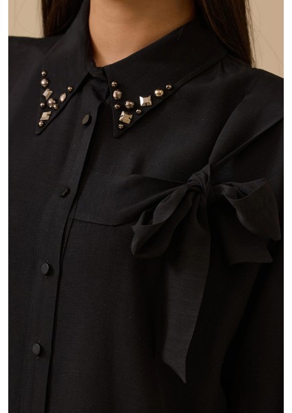 Kadın Bağlama Detaylı Taş Işlemeli Gömlek 1006 Siyah modelleri