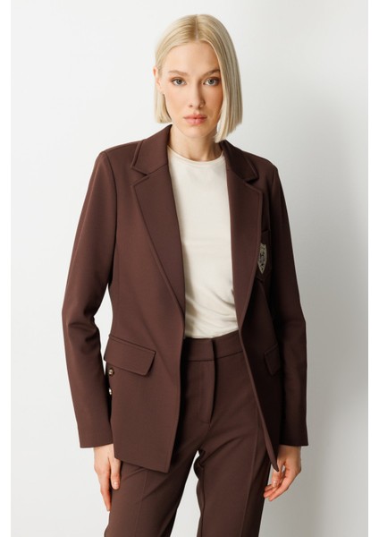 Kadın Cebi Armalı Süs Düğmeli Ceket 5033 Kahverengi