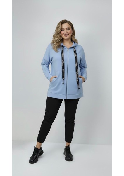 Kadın Büyük Beden Uzun Kollu Kapüşonlu Fermuar Detaylı Sweatshirt 2007