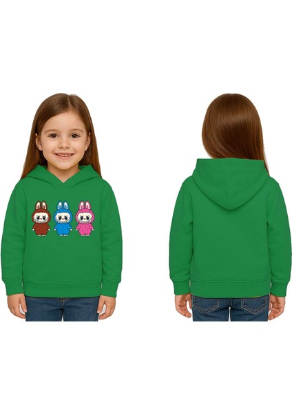 Unisex Baskılı Çocuk Swaetshirt Labubu Baskılı Kapüşonlu 3 Iplik Şardonlu