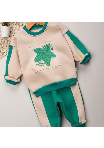 Erkek Bebek Ekru Yeşil Good Luck Yıldızlı Üç Ip Ikili Takım - 1016151