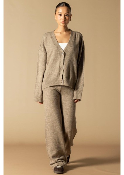 V Yaka Hırka Pantolon Triko Takım Vizon 9368-TK