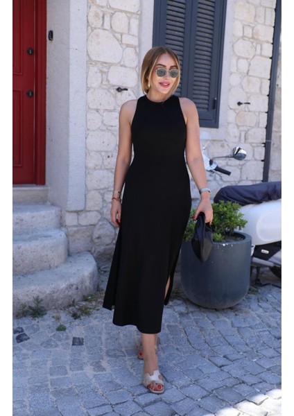 Kadın Omuzlardan Açık Arkadan Aksesuar Detaylı Yırtmaçlı Janjan Krep Elbise indirimleri