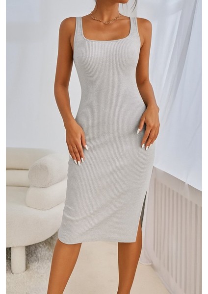 Kadın Askılı Kare Yaka Yandan Yırtmaçlı Midi Kaşkorse Elbise fiyatları