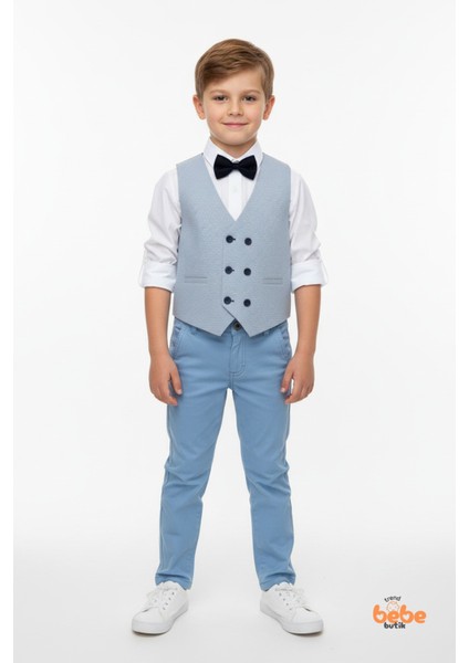 Erkek Çocuk 4’lü Smokin Takım, Gömlek Yelek Papyon ve Pantolon Şık Kombin, Davet & Özel Gün Mavi