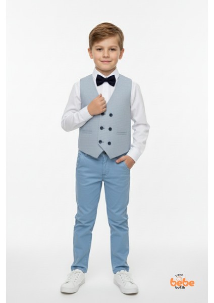 Erkek Çocuk 4’lü Smokin Takım, Gömlek Yelek Papyon ve Pantolon Şık Kombin, Davet & Özel Gün Mavi modelleri