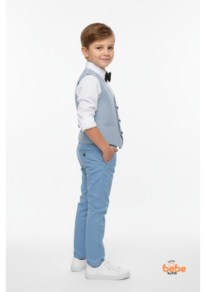 Erkek Çocuk 4’lü Smokin Takım, Gömlek Yelek Papyon ve Pantolon Şık Kombin, Davet & Özel Gün Mavi fırsatları