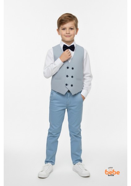 Erkek Çocuk 4’lü Smokin Takım, Gömlek Yelek Papyon ve Pantolon Şık Kombin, Davet & Özel Gün Mavi indirimleri